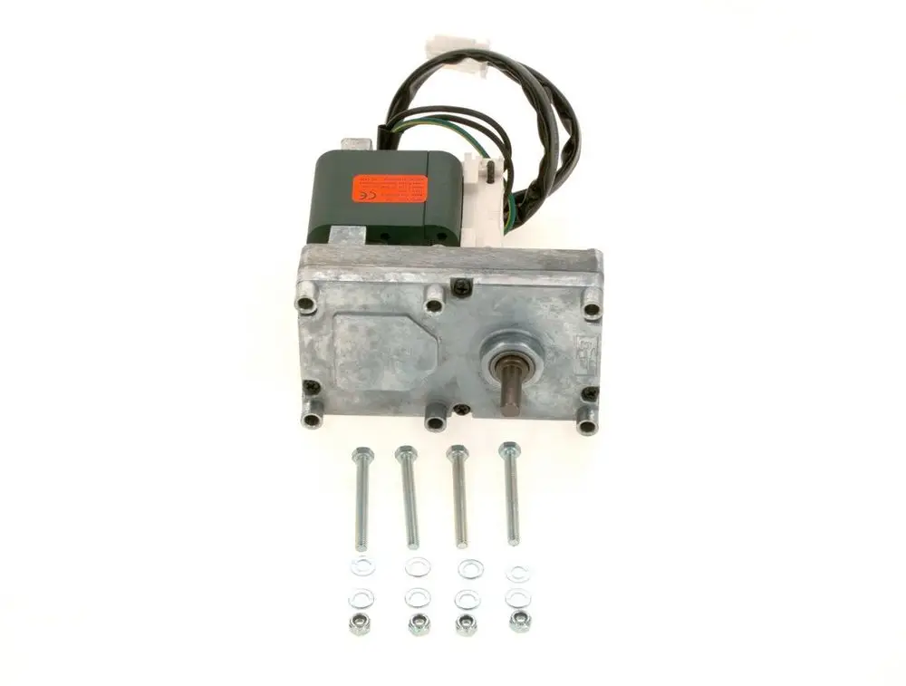 Bosch Motor mit einem Gehäuse, Montageflansch und mehreren Schrauben und Unterlegscheiben, für mechanische Anwendungen konzipiert. Kabelanschluss sichtbar.